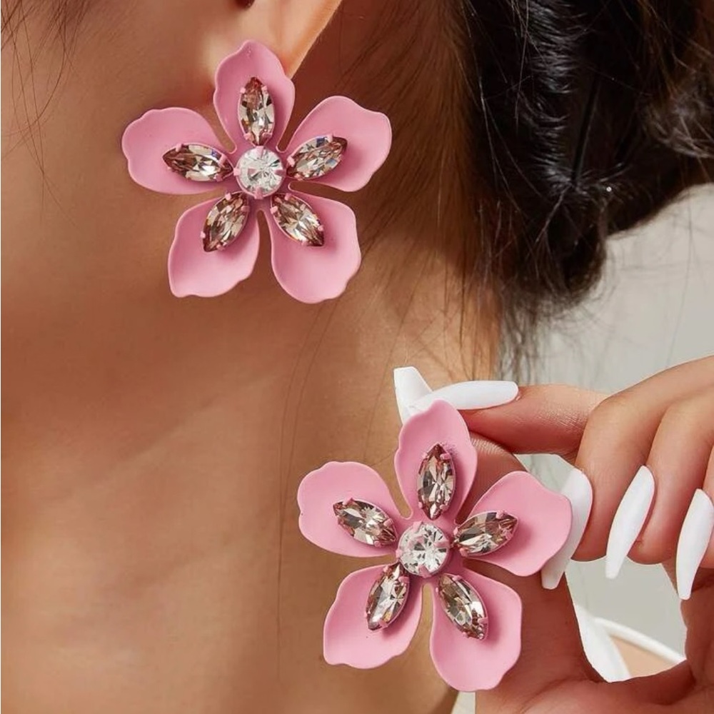 Pink Flower and Gem Earrings